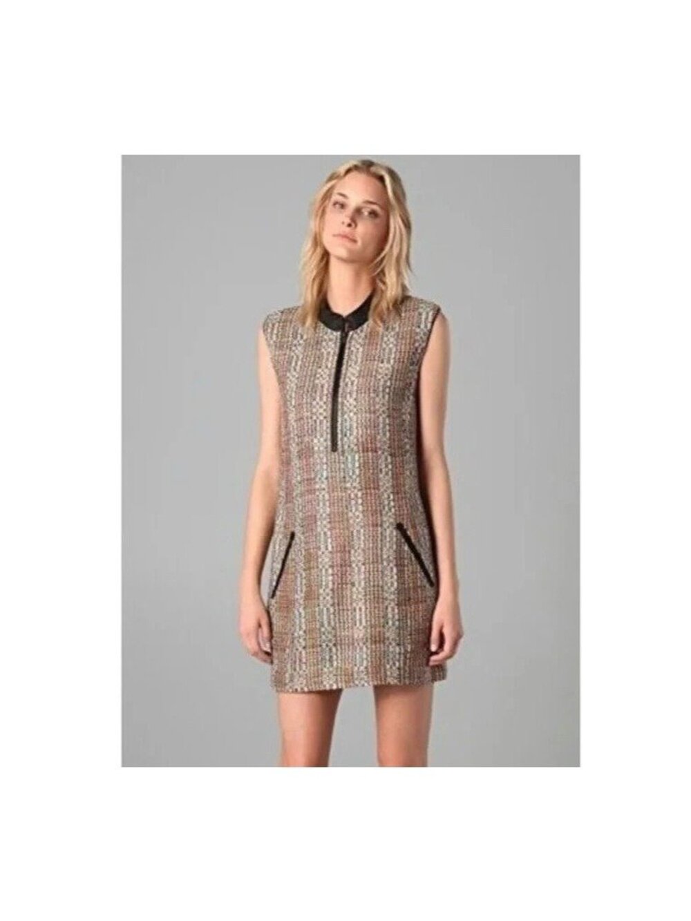 Theory Silk Tweed Leather Trim Mini Shift Dress